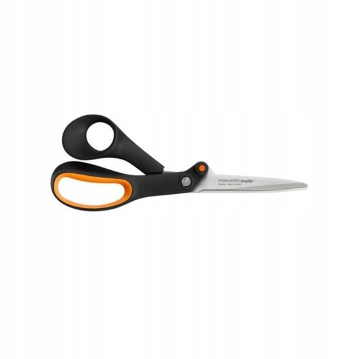 Fiskars Amplify olló vastag anyagokhoz (bőr, juta, kötelek), Amplify technológiával és rozsdamentes acél fogazott pengével, ergonomikus SoftGrip markolattal, fekete/narancssárga, 24 cm