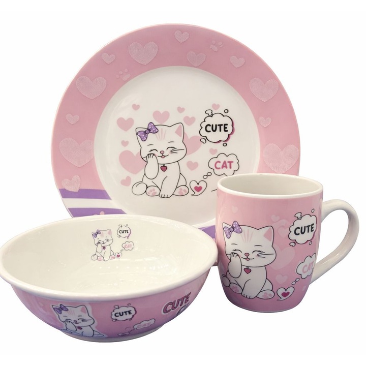 Set mic dejun, Pisica, Roz, 3 piese