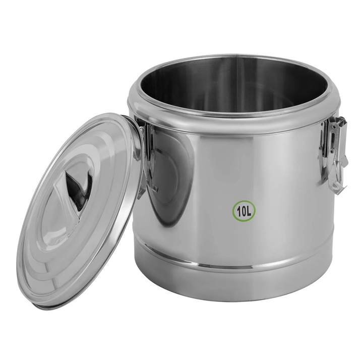 Izotermikus ételhordó leveshez, 10 l, vákuumos, rozsdamentes acélból, széles szájú, zárókapocs, kerek, ezüst