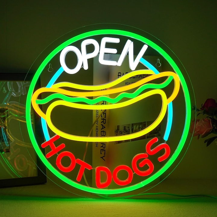 Indicator LED neon Wanxing HOT DOGS, multicolor, reglabil, 32x32cm, cu cablu USB