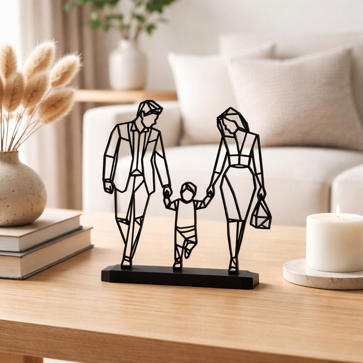 Figurina statueta parinti cu copil, negru, cadou de familie, cadou mame, 1 sau 8 Martie, design modern, tinere de mana, printata 3D, 15 x 16 cm