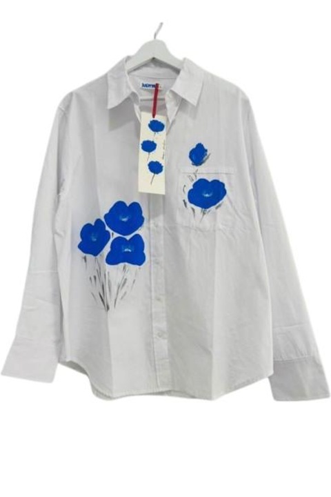 Camasa pictata manual, maci albastri, Alb