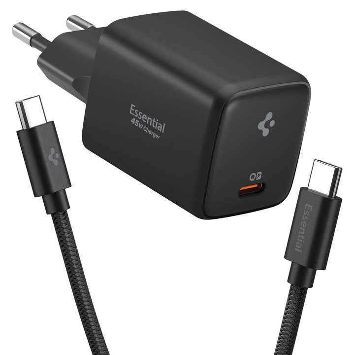 Incarcator retea Spigen Essential EE451EU, 45W, Cablu USB-C la USB-C 100W inclus, Negru