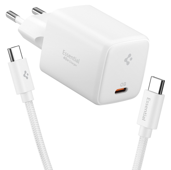 Incarcator retea Spigen Essential EE451EU, 45W, Cablu USB-C la USB-C 100W inclus, Alb