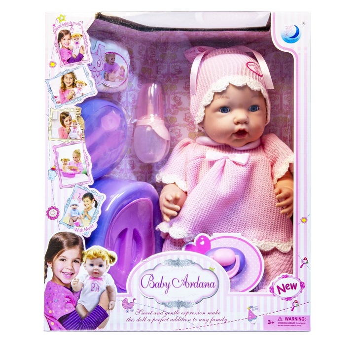 Papusa bebelus L-711, set cu 5 accesorii, bea din biberon si urineaza in olita, cu lumini si sunete, roz, 40 cm, baterii incluse