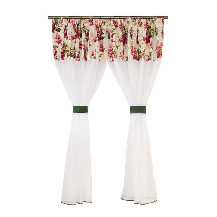 Perdea Velaria in alb si flori burgundy, 280x160 cm