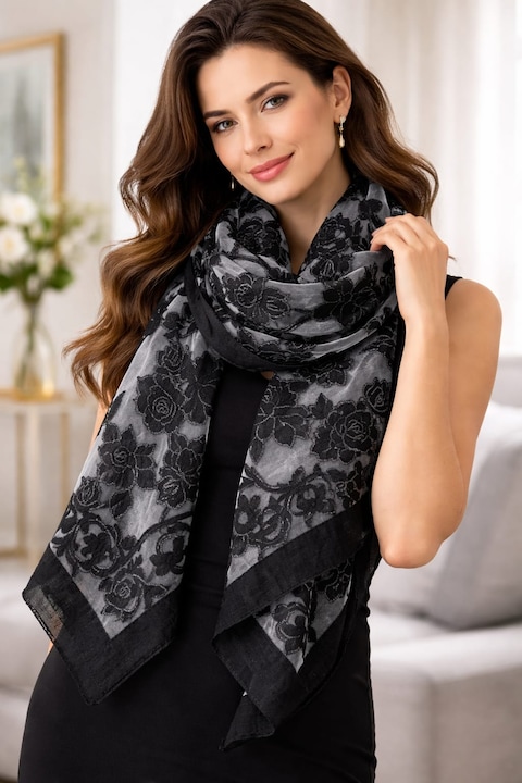 Esarfa dama eleganta pentru doliu, voal semi-transparent cu imprimeu floral stralucitor, negru