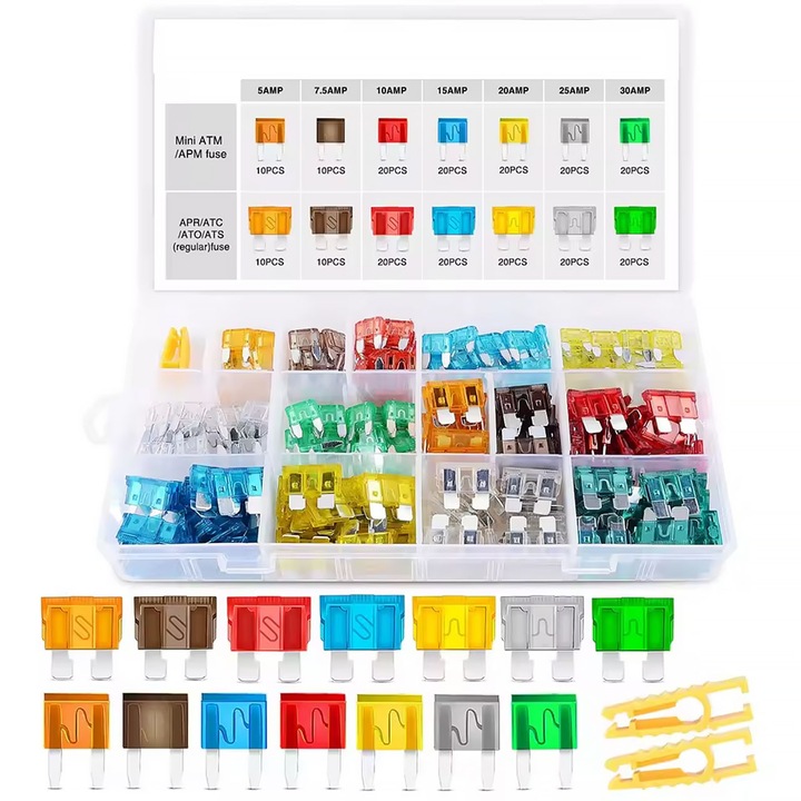 240 db-os MINI és STANDARD autóbiztosíték készlet, Rosfix, 5A-30A, színes, rendszerező + 2x kihúzó