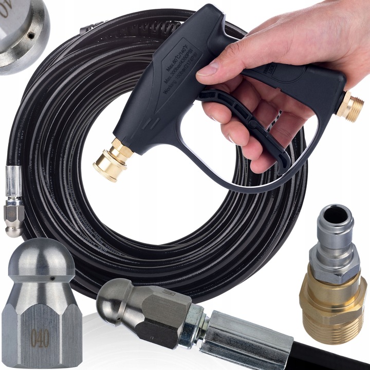 Комплект за почистване на канализация CanalJet M22 Compact, Rosfix, маркуч 20м M22, пистолет 300 бара, адаптер 1/4"