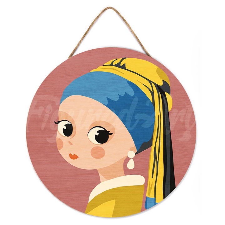 Set pictura pe numere rotunda, pe lemn, Fetita cu cercel de perla, Ø30cm