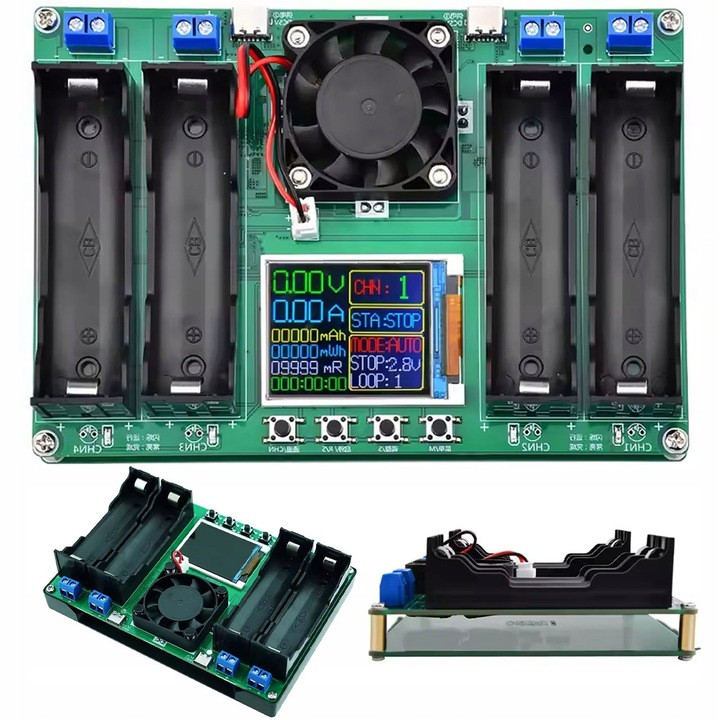 Tester si incarcator 4 canale pentru acumulatori 18650 Li-Ion, Rosfix, USB-C, display LED, dimensiuni 149x110x35mm