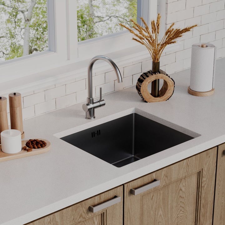 Кухненска мивка, ANW HOME, 49x44 см, Сатениран инокс, Сифон, Цедка, Звукоизолираща подложка, Стомана 304, Корито 21 см, Устойчивост на удари, Защита от конденз, Бързо оттичане, Гъвкав монтаж, Премиум вид, Поцинкована стомана 3 мм и 1 мм, ръчна изработка