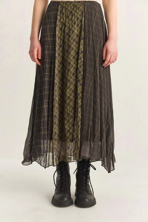 Fusta midi, Bianco Lucci, talie inalta, carouri, kaki, poliester