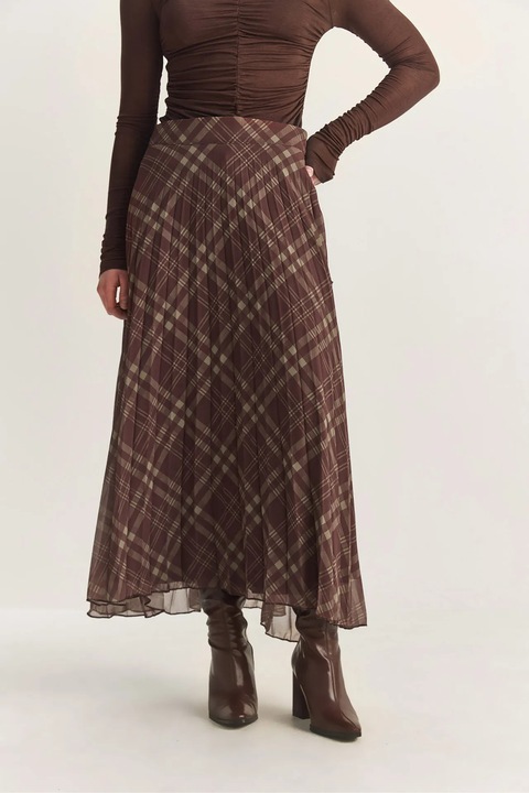 Fusta maxi, Bianco Lucci, talie inalta, model in carouri, maro, bumbac-poliester