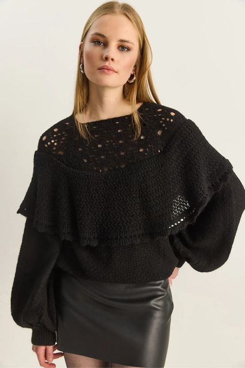 Pulover dama, Bianco Lucci, gros, guler barca, negru, acril, One Size INTL