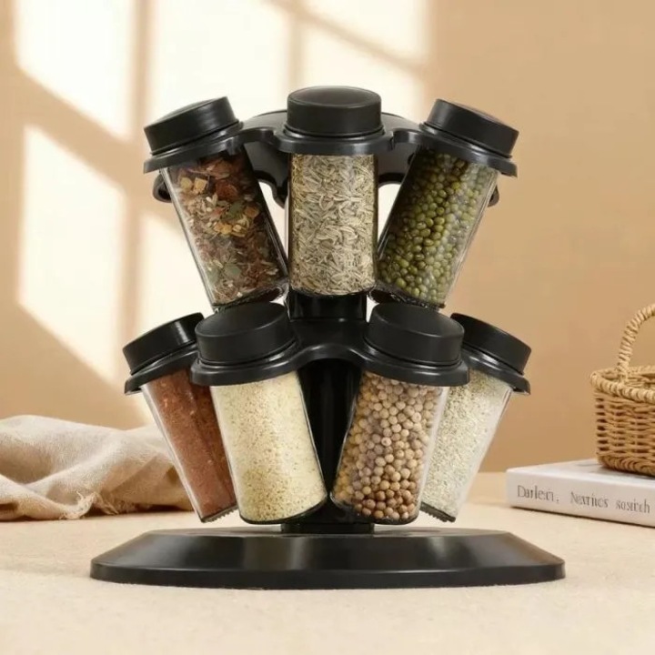 Suport pentru Condimente cu 12 Borcane si Capace Detasabile Promagg® – Organizator Bucatarie Rotativ, Economisire Spatiu