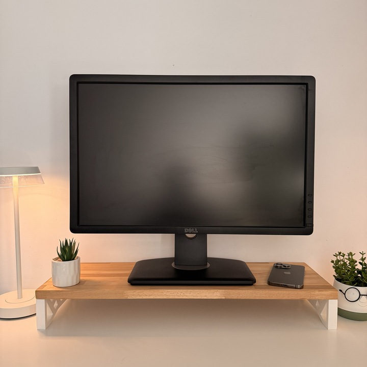 Suport monitor, 60 X 20 X 8 CM, Picioare printate 3D din PLA (Bioplastic), Alb, Panou din lemn natural (Fag)