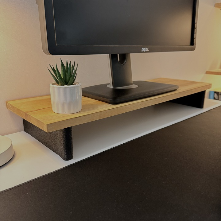 Suport pentru monitor, 60 X 20 X 8 CM, Picioare printate 3D din PLA (Bioplastic), Negru, Panou din lemn natural (Fag)