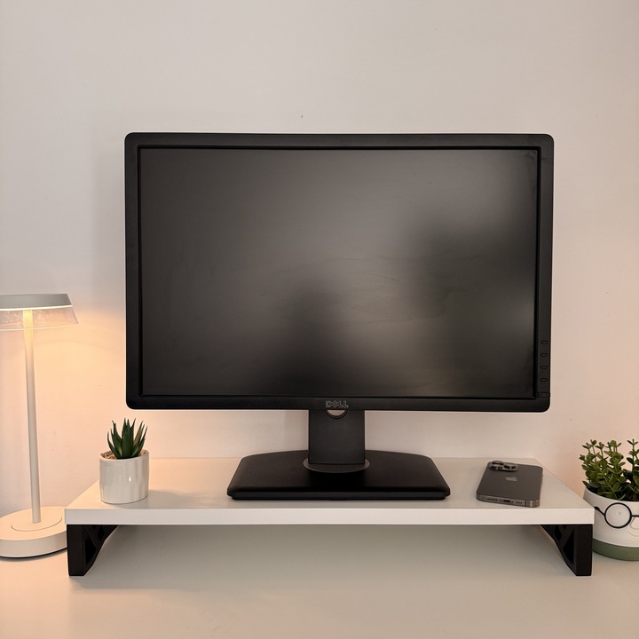 Suport monitor, 60 X 20 X 8 CM, Picioare printate 3D din PLA (Bioplastic), Alb, Panou din Pal