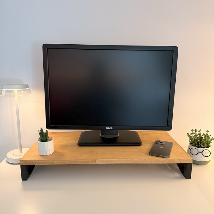 Suport monitor, 60 X 30 X 8 CM, Picioare printate 3D din PLA (Bioplastic), Negru, Panou din lemn natural (Fag)