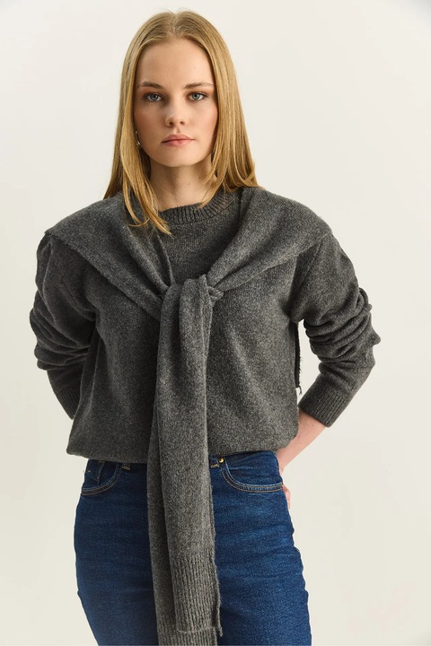 Pulover dama Bianco Lucci, Regular Fit, guler rotund, gri, One Size INTL