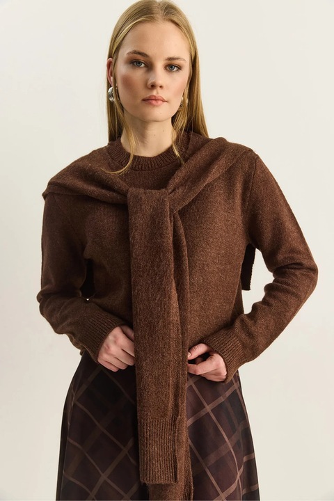 Pulover dama Bianco Lucci, Regular Fit, guler rotund, maro, One Size INTL