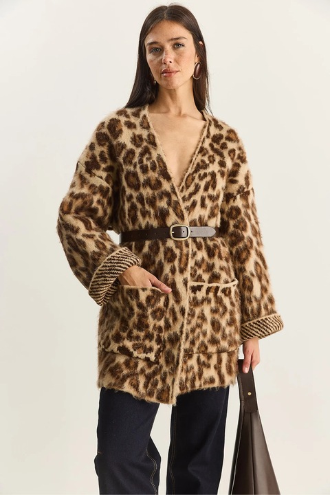 Cardigan lung supradimensionat Bianco Lucci, imprimeu leopard, maro, 100% poliester, One Size INTL