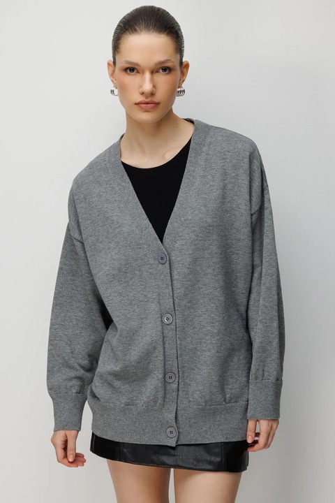 Cardigan lung, Mixray, gri inchis, tricotat, cu decolteu in V, inchidere cu nasturi, One Size INTL