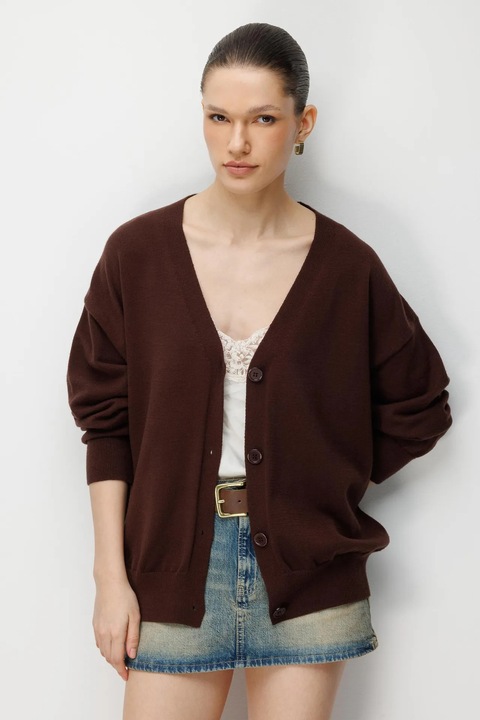 Cardigan lung tricotat, Mixray, decolteu in V, inchidere cu nasturi, maro, 100% poliester, One Size INTL