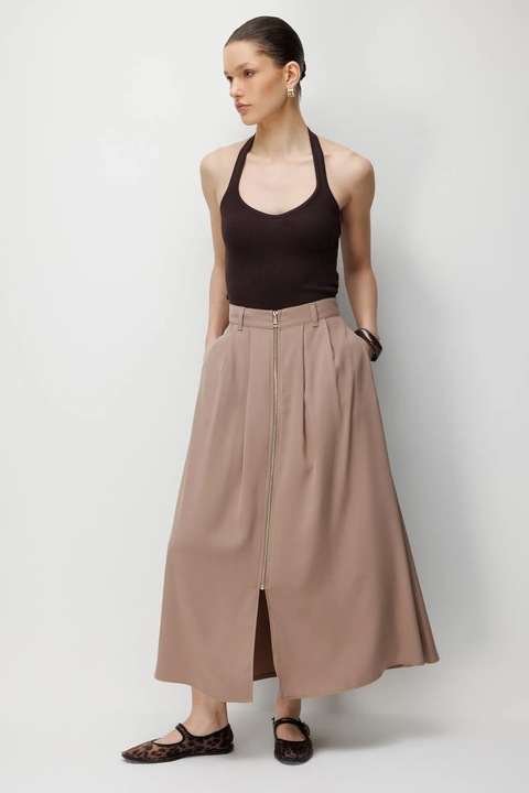 Fusta midi, Mixray, talie inalta, croiala in A, maro camel, poliester