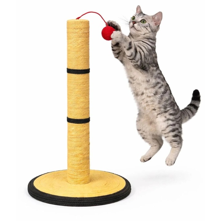 Ansamblu de joaca si stalp de zgariat pentru pisici, galben cu dungi rosii, minge pop-pop, 25x25x42