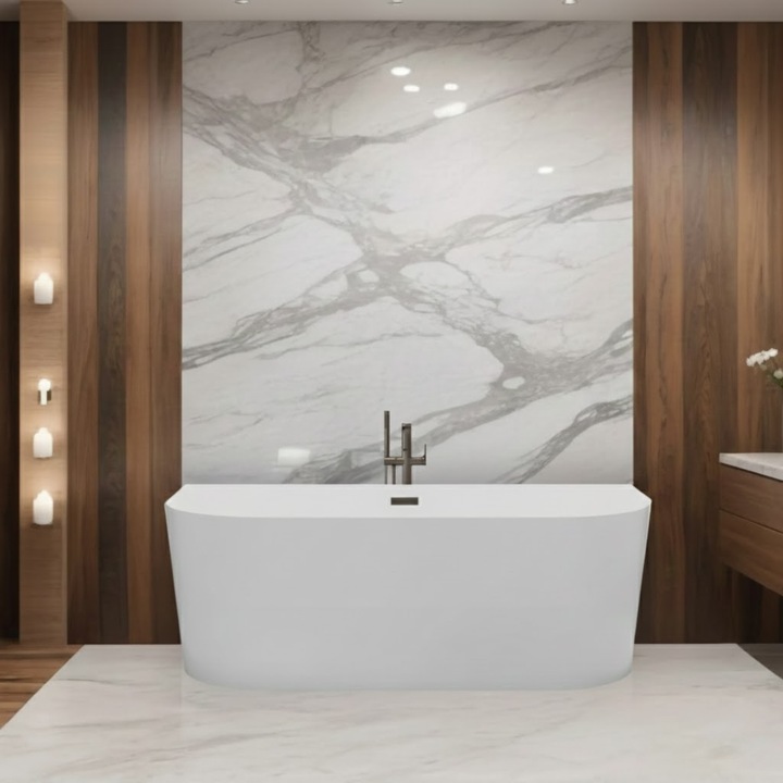 Cada freestanding lipita de perete, Balneo, VIVA, 160x75cm, Alb, acril, cu capac sifon gun metal, Linii fine, Rezistenta UV, Experienta SPA acasa