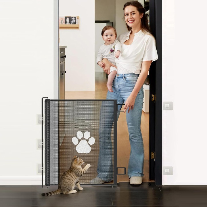 Poarta de siguranta retractabila si extensibila, Bedee, 130x78 cm, Portabil, Instalare fara gauri, Usor de folosit, Protectie copii/animale de companie, Universal, Exterior/Interior, Usi/Scari/Holuri, Negru