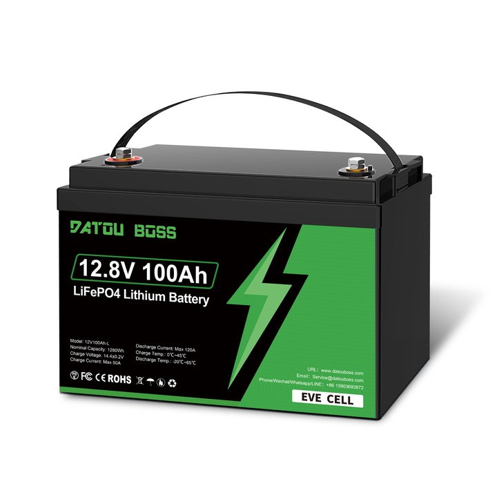 Baterie DATOUBOSS LiFePO4 12V 100Ah, baterie litiu 1280Wh 12V 100Ah, BMS incorporat 100A, baterie cu ciclu profund 15000+ pentru rulote, energie solara, motor de trolling si camping