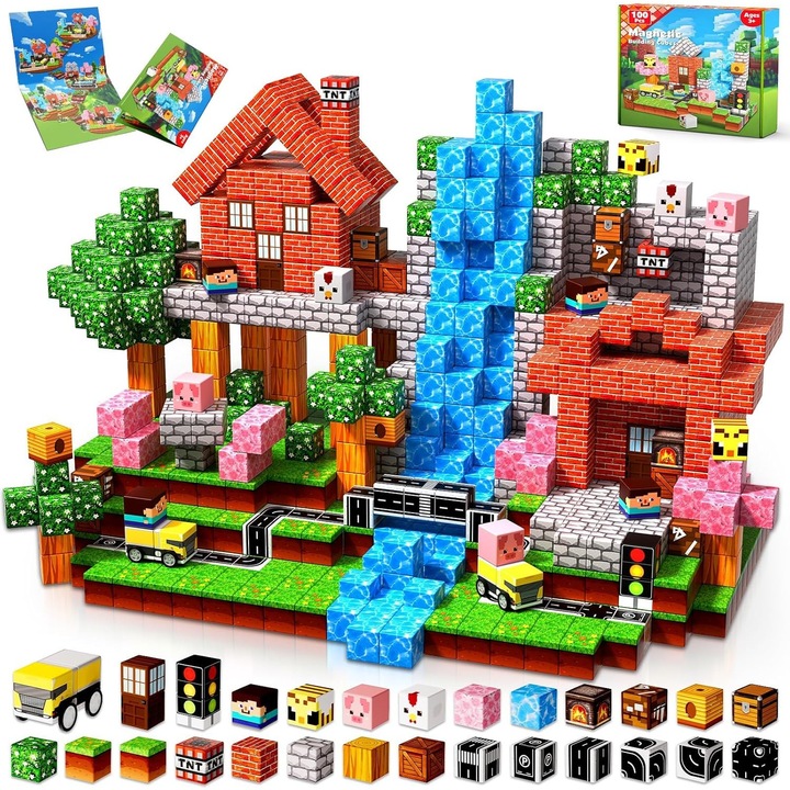 Set cuburi magnetice 100 bucati, Bedee, Jucarie cadou pentru bebelusi de 3, 4, 5, 6 si 7 ani,2x2cm, Blocuri de constructie magnetice STEM educative creative