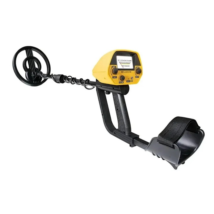 Detector de Metale Profesional, Detector de Aur, Adancime de Detectie >15cm, Bobina de Cautare Impermeabila 170mm, Tija Reglabila, Alarma Sonora, Pointer Mecanic, Ideal pentru Cautare Comori, Negru