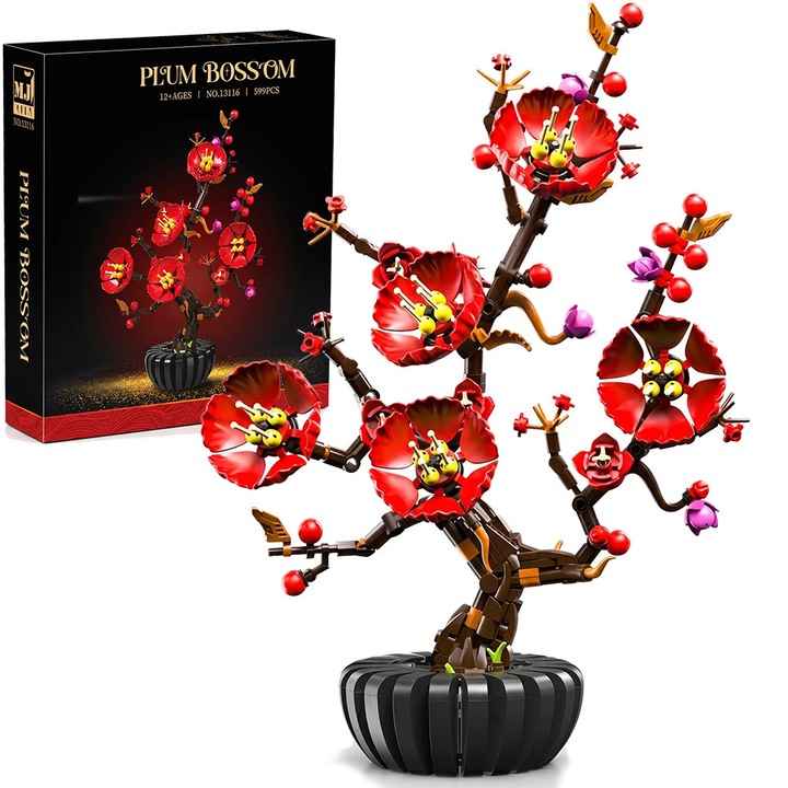 Set de constructie flori, Excitat®, 599Piese, Flori de prun, ABS, trandafir criogenat, compatibil cu lego, Cadou pentru Ziua Indragostitilor, （Include vaza）, 20.8 × 11.6 × 30.4 cm, rosie