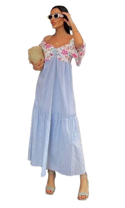 Rochie Midi A-Line JANES cu umeri goi, imprimeu floral, albastru, bumbac-poliester-elastan, L INTL