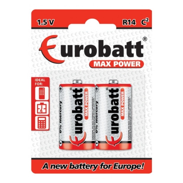 Set 2 baterii R20 EUROBATT 1,5V, Max Power, pentru uz zilnic