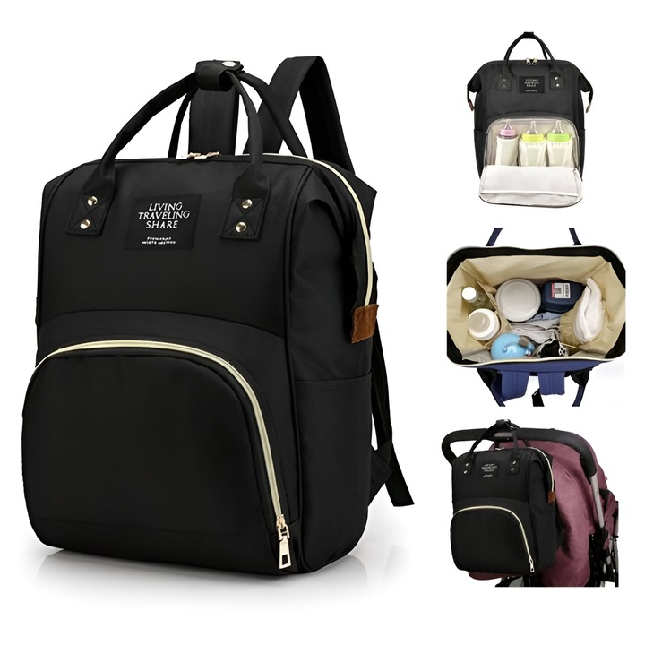 Geanta pentru bebelusi, Luka, organizator 3 in 1, impermeabila, 30L, 45x35cm, neagra