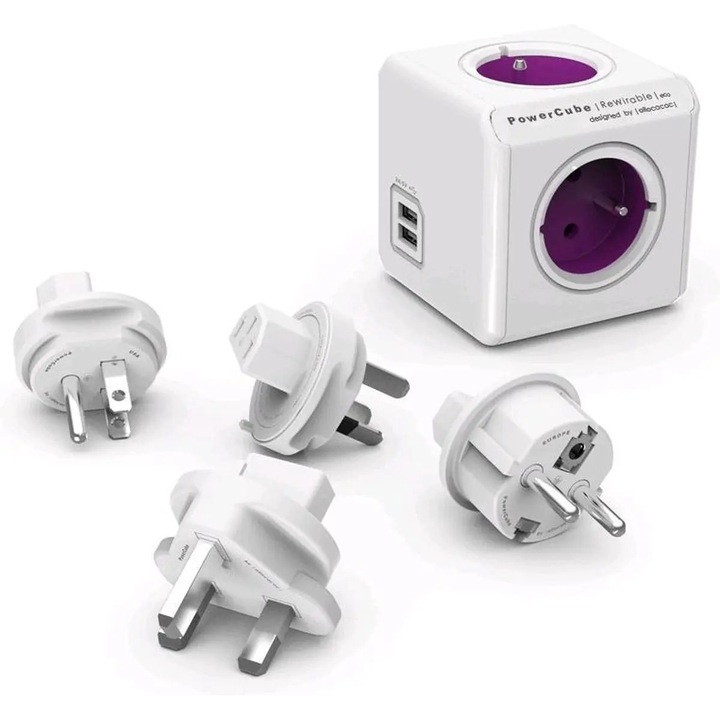 Priza multifunctionala Designnest PowerCube Rewirable USB, 4 gniazde, 2 porturi USB 2.1A, 77x77x77mm, set cu adaptoare