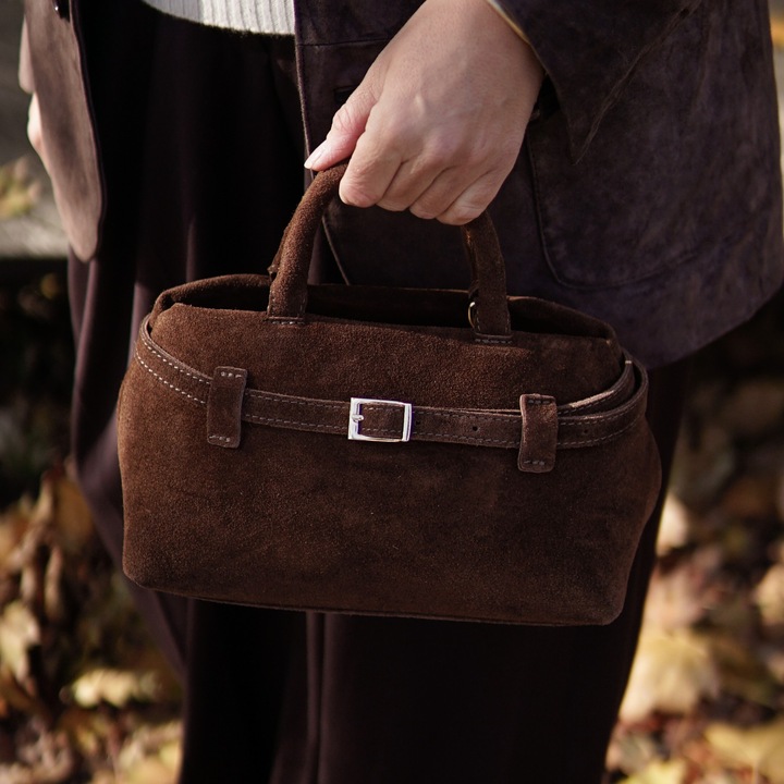 Geanta de mana Moranti, piele de caprioara, ciocolatiu, 1 buzunar, stil casual