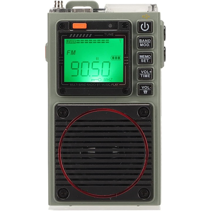 Hordozható rádió, Duueyct, AM/FM/VHF/SW/WB, SOS funkció, mobilalkalmazás-vezérlés, 1000mAh akkumulátor, retro design, méretek 9.2x5.32x2.6cm, fekete/zöld