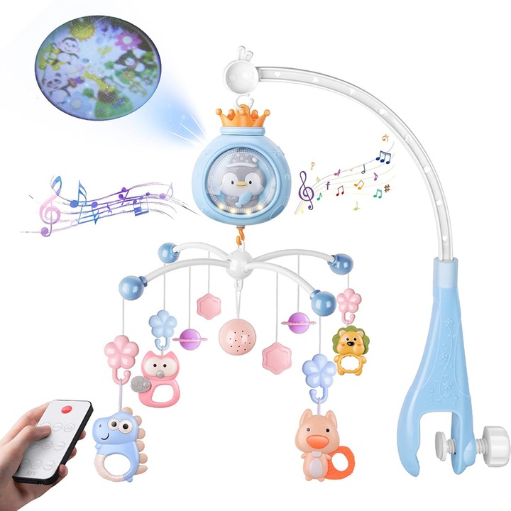 Carusel Muzical Patut Bebelusi, Rqiurpn, Control prin Telecomanda, Cronometru, Joc de Lumini si Sunete, Rotire 360°, Multifunctional si Interactiv cu Proiectie, Sunete Linistitoare, Cantece