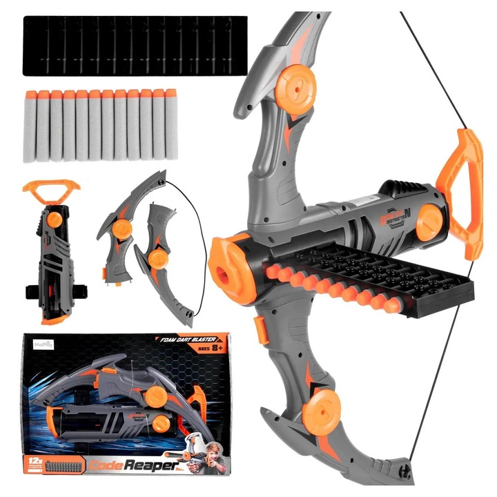 Jucarie interacativa idealSTORE Tir cu arc, Sageti din spuma pentru copii, Maner tensionat confortabil, Mecanism usor de armat, Aventura si sport pentru copii