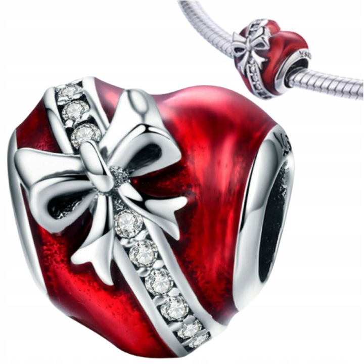 Charm argintiu in forma de inima cu fundita, doUp, rosu, 2cm