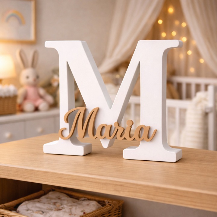 Decoratiune initiala si nume camera copilului "Maria", ~12x10x1.5 cm, alb si caramel mat, printat 3D, cadou nou nascut, cadou mame, parinti, ornament minimalist