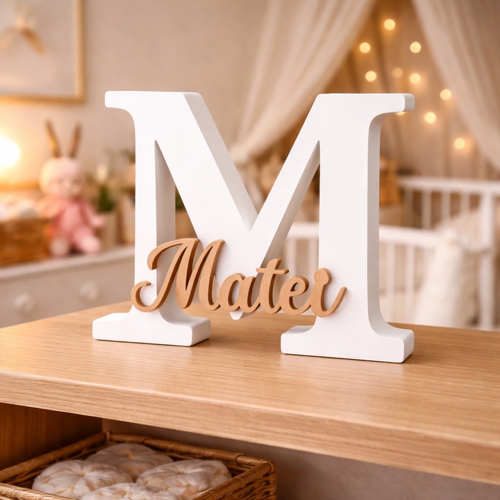 Decoratiune initiala si nume camera copilului "Matei", ~12x10x1.5 cm, alb si caramel mat, printat 3D, cadou nou nascut, cadou mame, parinti, ornament minimalist