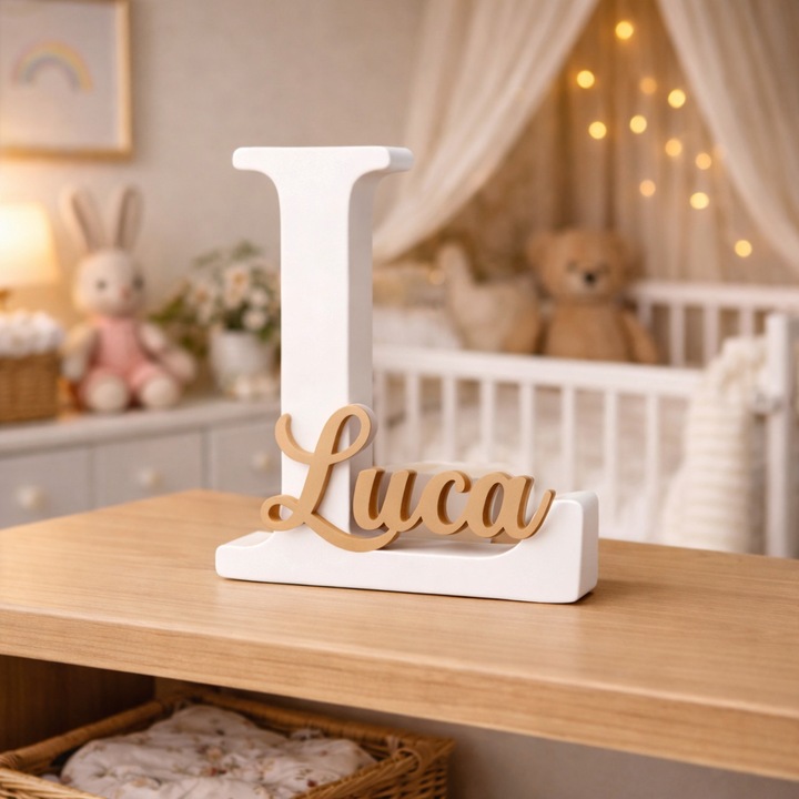 Decoratiune initiala si nume camera copilului "Luca", ~12x10x1.5 cm, alb si caramel mat, printat 3D, cadou nou nascut, cadou mame, parinti, ornament minimalist