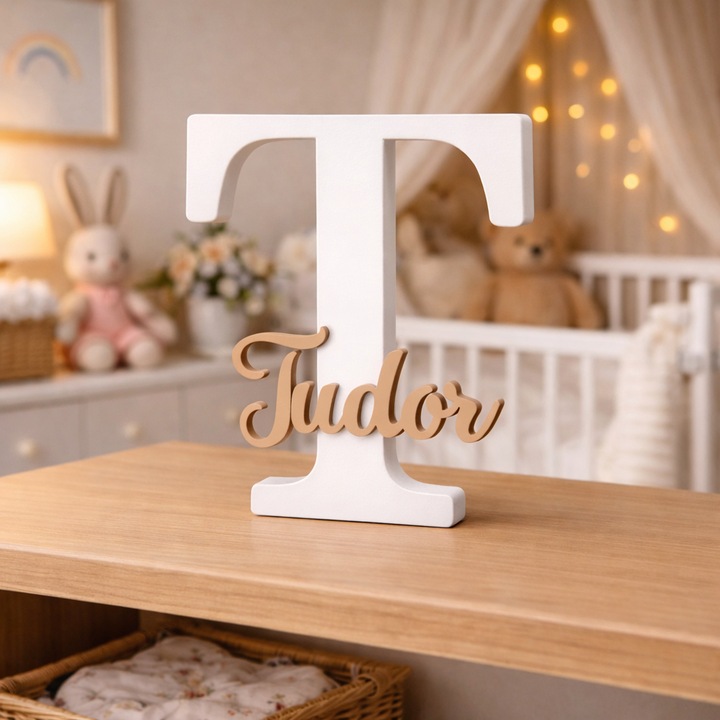 Decoratiune initiala si nume camera copilului "Tudor", ~12x10x1.5 cm, alb si caramel mat, printat 3D, cadou nou nascut, cadou mame, parinti, ornament minimalist